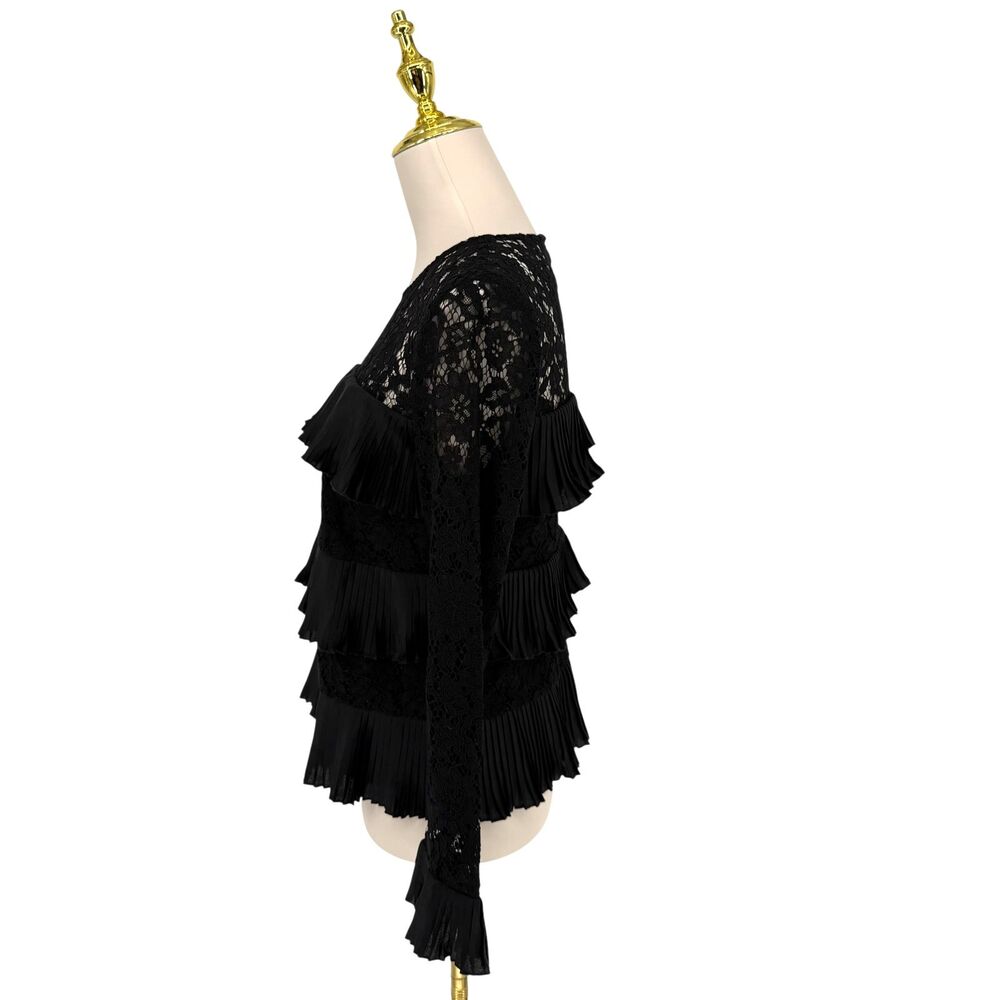 J Crew Black Lace Ruffle Top 4 Sheer Sleeve Floral Pleated Tiered Blouse Keyhole - Picture 5 of 10